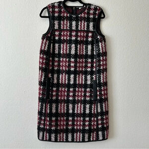 Tomas Maier Tweed Plaid Dress Size 4 Red Black Leather Trim Mod.